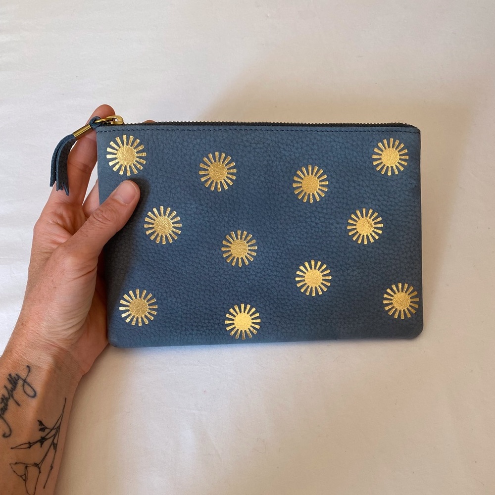 Madewell clutch, blue leather with gold suns